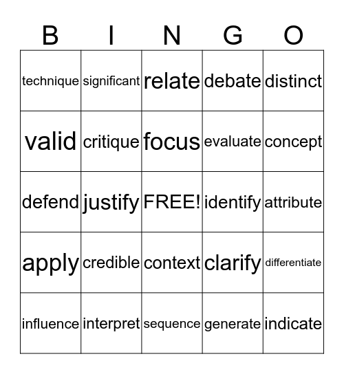 Academic Vocabulary Bingo Card