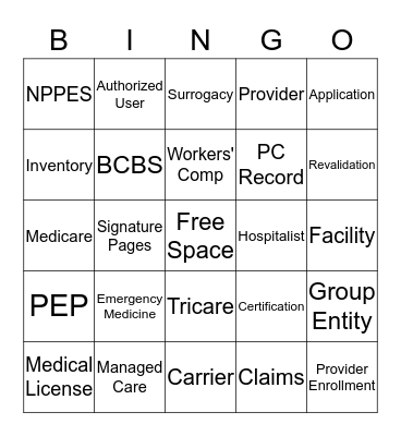Provider Enrollment Bingo Card
