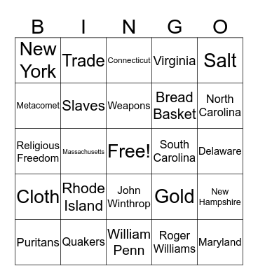 13 Original Colonies Bingo Card