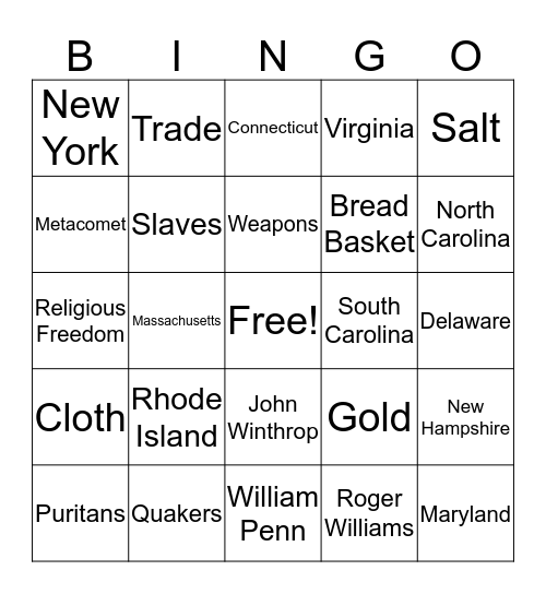 13 Original Colonies Bingo Card