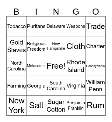 13 Original Colonies Bingo Card