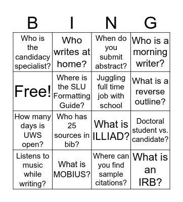Fall Break Writing Retreat Bingo Card