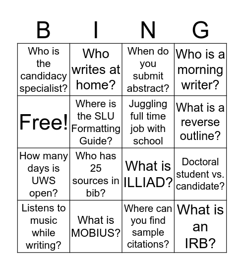 Fall Break Writing Retreat Bingo Card