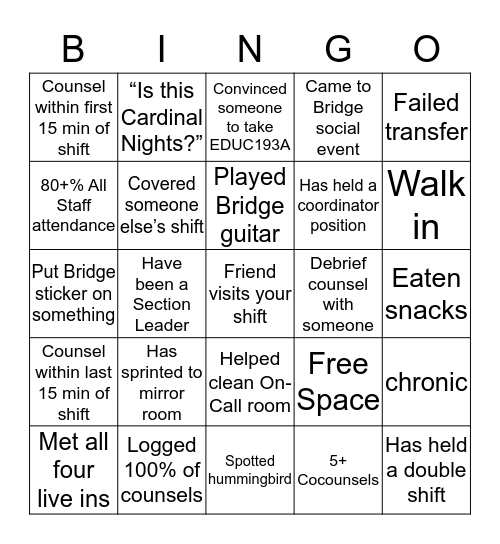 Bridge Staffer Bingo Card
