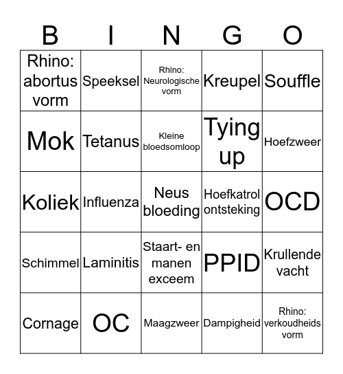 Ziekteleer Paard Bingo Card