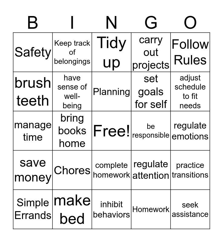 Developmental Tasks Requiring Executive Skills Bingo Card