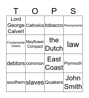 13 Colonies Bingo Card