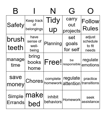 Developmental Tasks Requiring Executive Skills Bingo Card