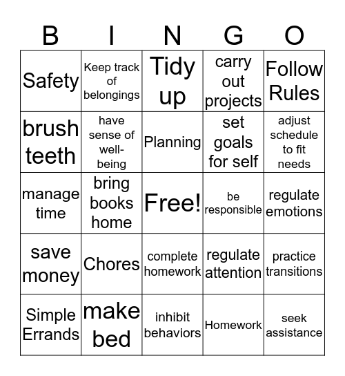 Developmental Tasks Requiring Executive Skills Bingo Card