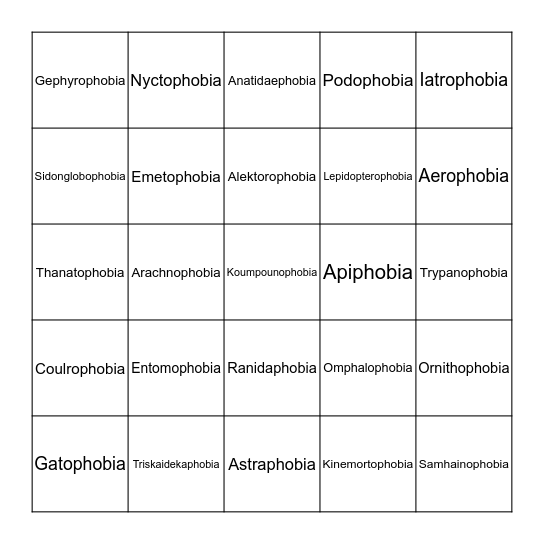Phobia Bingo Card