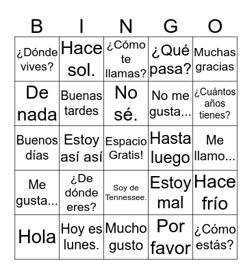 Spanish Conversation Bingo Card