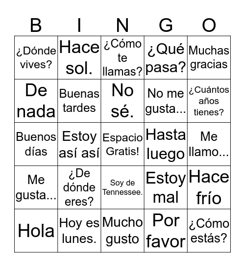 Spanish Conversation Bingo Card