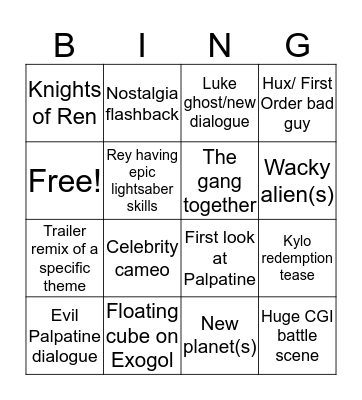 THE RISE OF SKYWALKER TRAILER BINGO Card