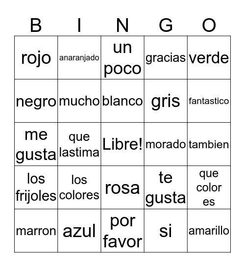 Los Colores Bingo Card