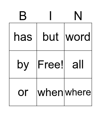 Sight words Bingo Card