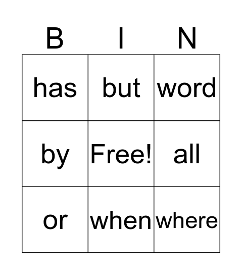 Sight words Bingo Card