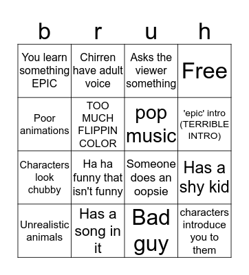 Crappy Kids Show Bingo Card