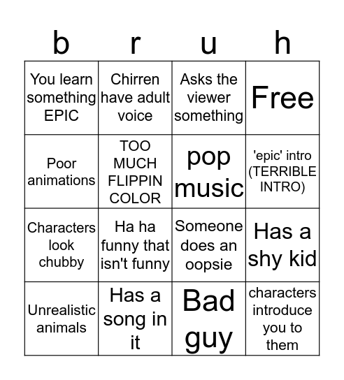 Crappy Kids Show Bingo Card
