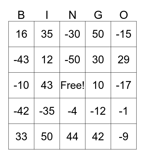 Integers Bingo Card