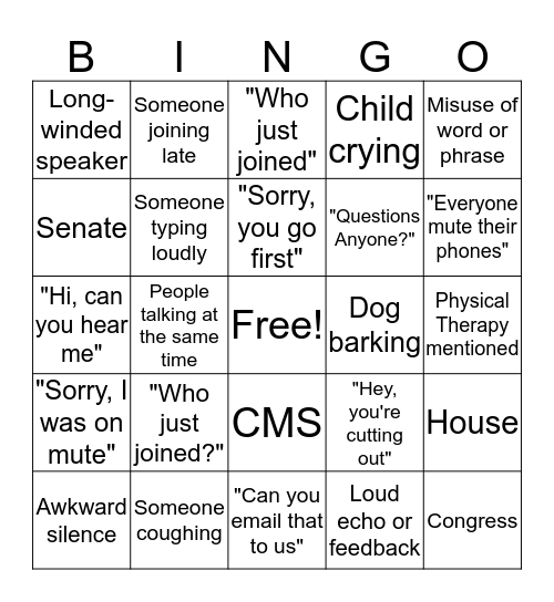 APTA Conference Call Bingo Card