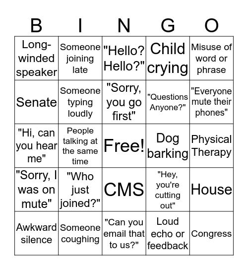 APTA Conference Call Bingo Card