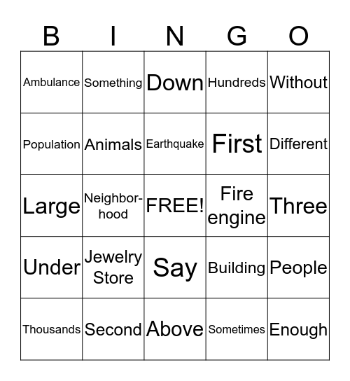 High Frequency Words Bingo Card