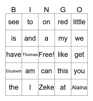 Sight Words Bingo Card
