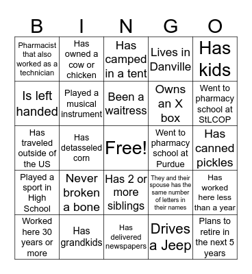 Pharmacy Bingo Card