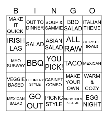 Theme Meals Bingo Card