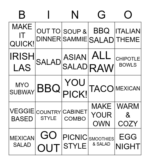 Theme Meals Bingo Card