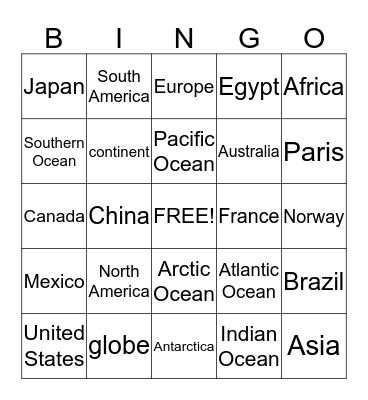 Continents and Oceans Bingo Card