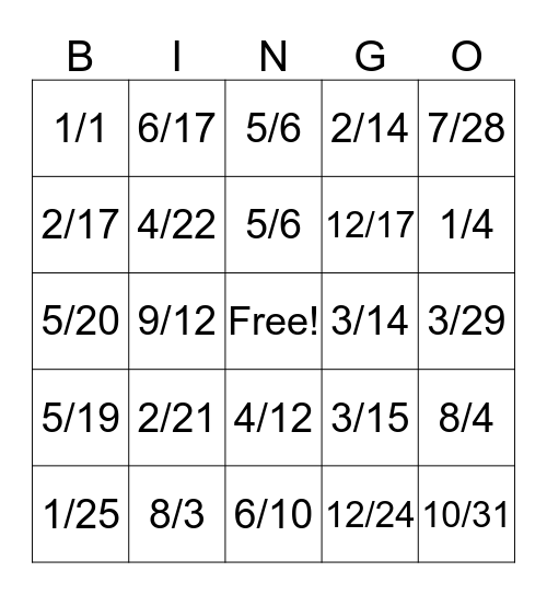 Dates! Bingo Card