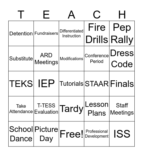 Teacher Bingo  Bingo Card