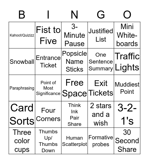 Formative Strategy Bingo Card