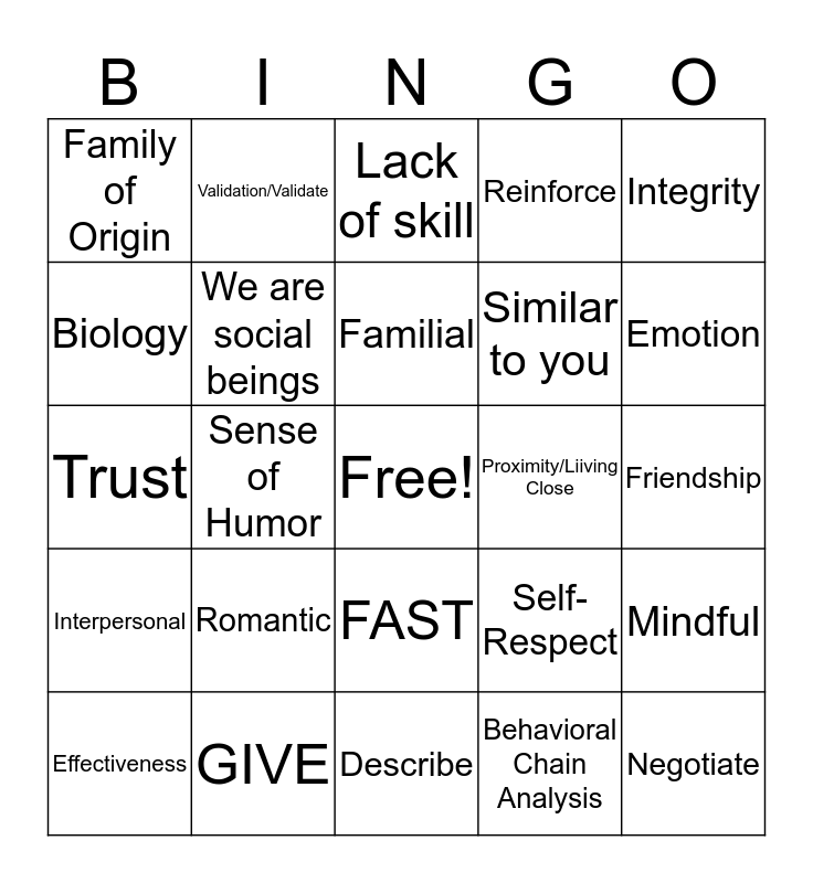 Interpersonal Effectiveness DBT Bingo Card