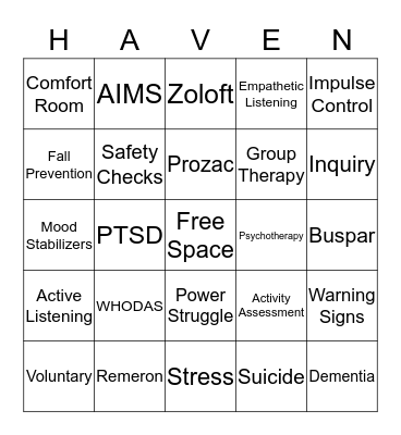 Haven Behavioral Mental Wellness Bingo Card