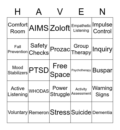 Haven Behavioral Mental Wellness Bingo Card