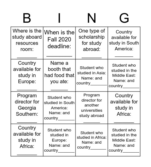 Study Abroad Fair Bingo Card