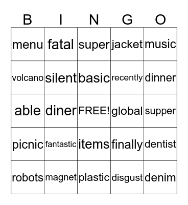 Open and Closed Syllables Bingo Card