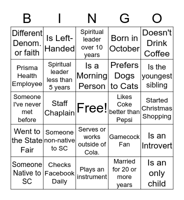 Community Spiritual Connections Bingo Card