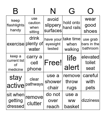 FALL PREVENTION Bingo Card