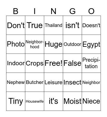 ESL Vocabulary Bingo Card