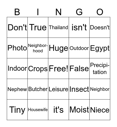 ESL Vocabulary Bingo Card