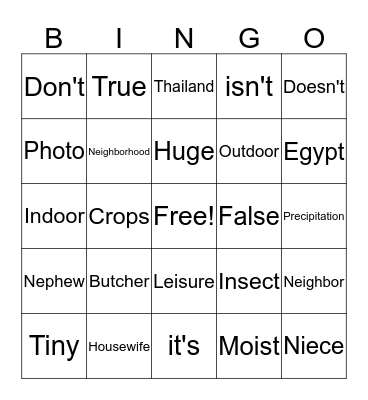 ESL Vocabulary Bingo Card