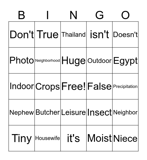 ESL Vocabulary Bingo Card