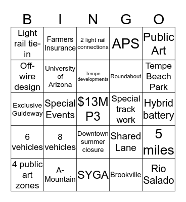 Tempe Streetcar Bingo Card