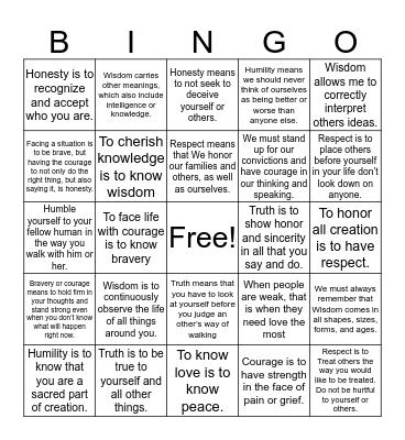 Seven Teachings Bingo Card