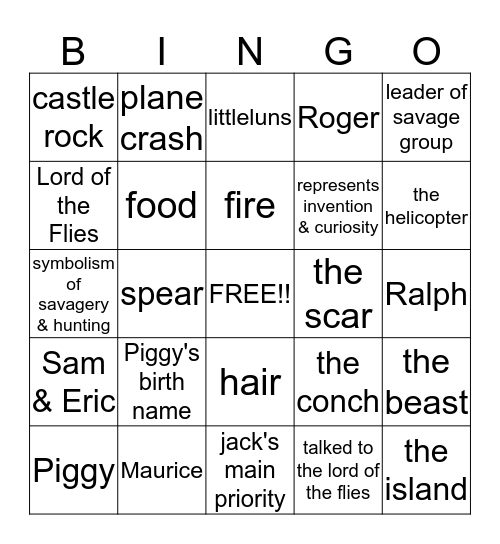 Lord of the Flies Bingo Card