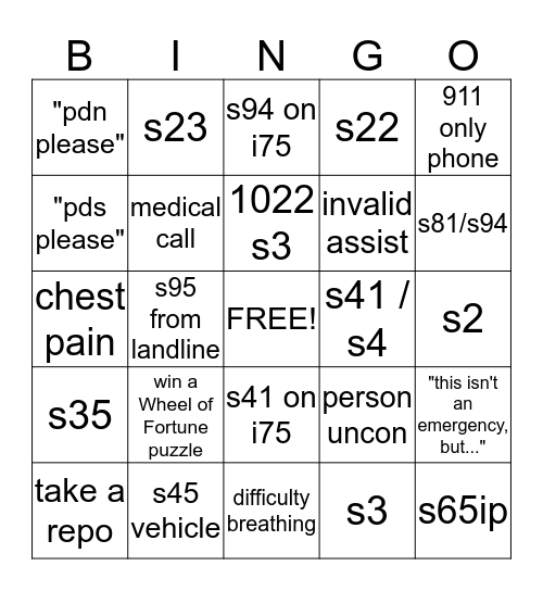 911 dispatcher Bingo Card