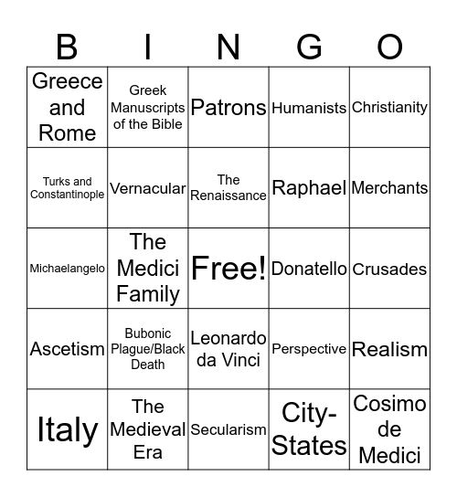 Renaissance Bingo Card